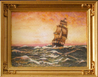 1:12 scale watercolour painting #27 'Sunset Clipper' showing a clipper ship at sea with an orange sunset /dollhouse painting miniature watercolor clipper ship fine art